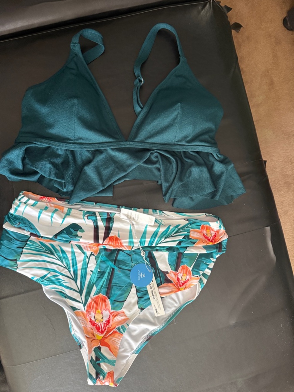 NWT Cupshe Tropical Floral High Rise Bikini Bottom and teal top new w/o tags XXL